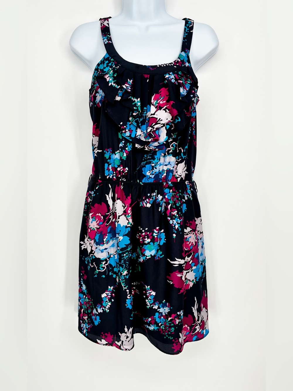 Express Dark Navy Abstract Floral Ruffle Bodice Tank Dress Sz S